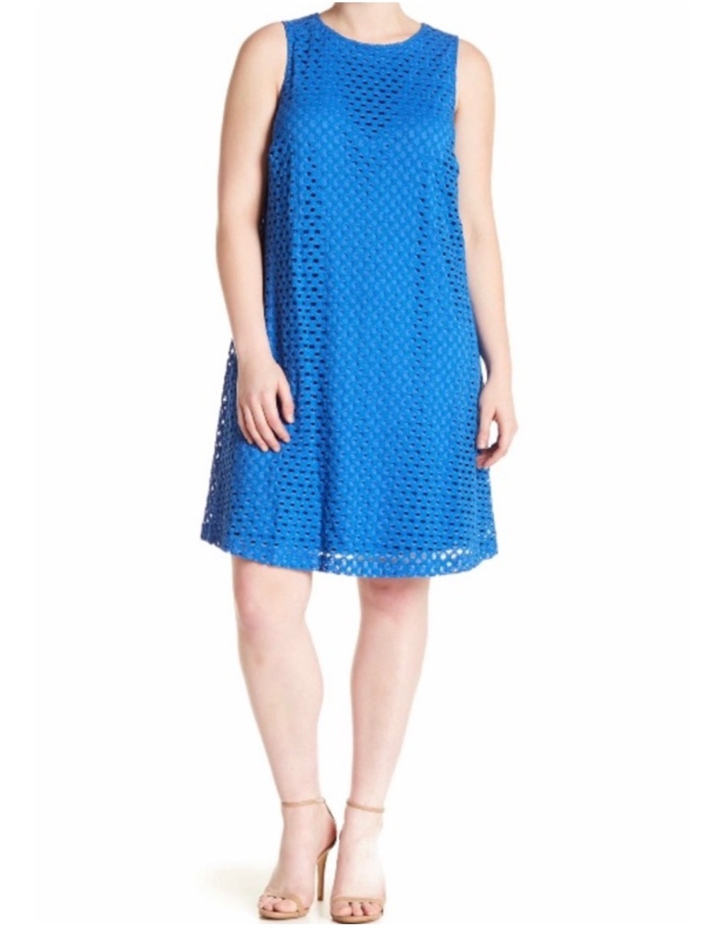 Sharagano Woman Blue Eyelet Shift Dress Plus Size 22W Sleeveless Lined